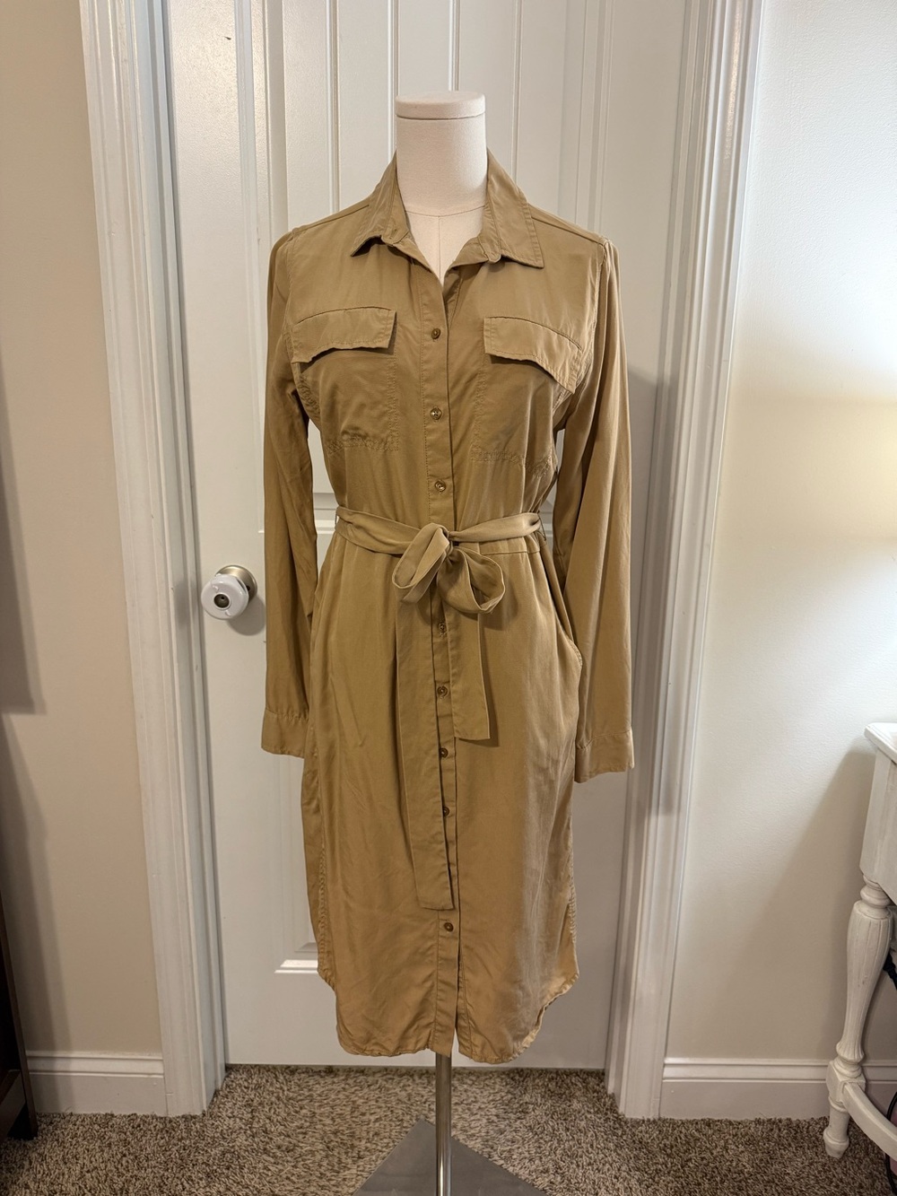 Banana Republic Tan Long Sleeve Button Front Dress
